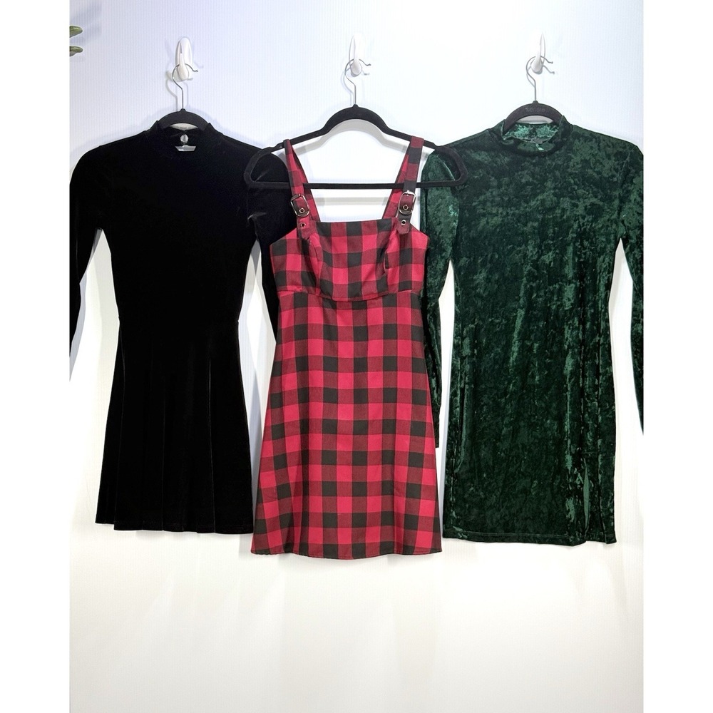 3pc Womens Dress Lot XS/S Crushed Velvet Mini Plaid Dark Academia Gothic Grunge